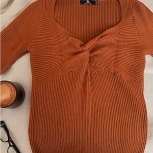 Women's V-Neck Sweater in caramel.
